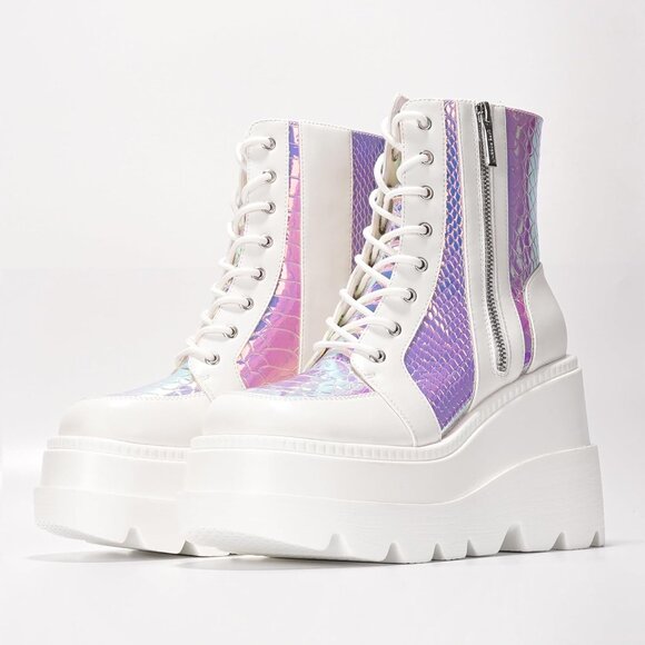 Women's White Chunky Block Heels Pointed Toe Leather Buckle Strap Retro Boots - Picture 8 of 9